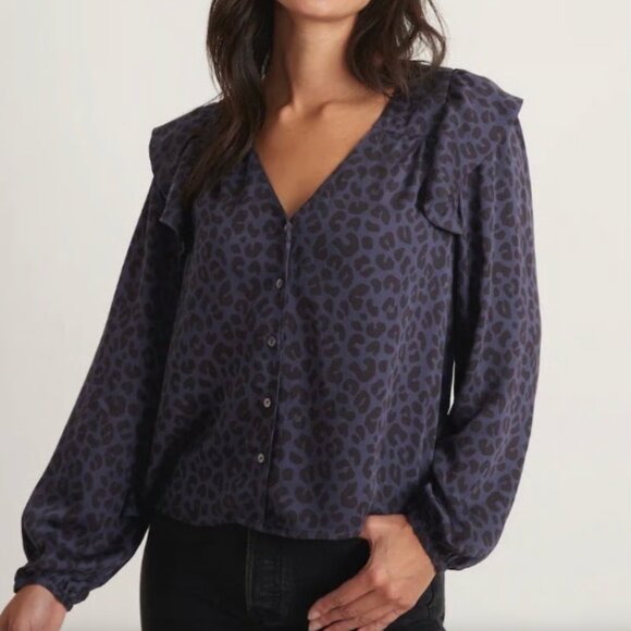 new nwt Sz Small S Marine Layer Rory Long Sleeve Ruffle Blouse Cheetah Blue - Picture 1 of 3